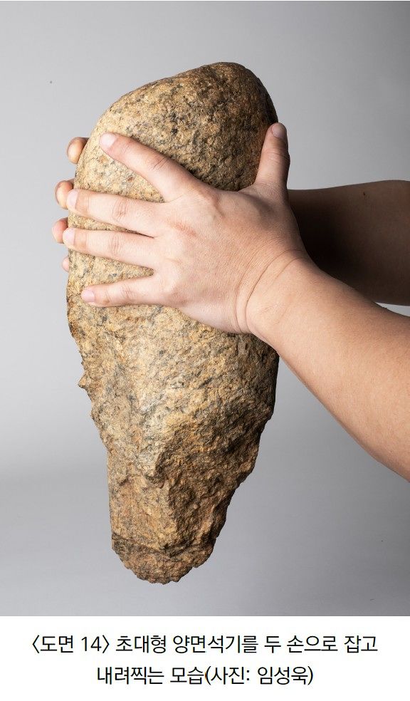 경기도 연천군 전곡리 일대 발굴조사 중 출토된 화강편마암제 ‘초대형 주먹찌르개’. 17만~25만 년 전 형성된 지층 최하층에서 나온 구석기 양면석기로 길이가 42㎝에 달해 비슷한 석기 중에 세계에서 가장 크다. 사진은 2025년 박성진 단국대 동양학연구원 연구교수가 발표한 논문 ‘전곡리 85-12번지 출토 초대형 양면석기의 기술·기능적 분석’에 실은 것으로 초대형 양면석기를 두손으로 들고 내려찍는 모습을 재연한 것이다. 