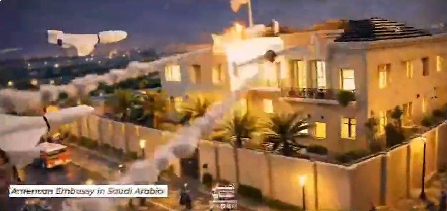 지난 8일 이란 국영 매체가 X(옛 트위터)를 통해 공개한 레고 스타일 영상에서 이란 이슬람혁명수비대(IRGC)가 사우디아라비아 주재 미국 대사관 등을 공격하는 장면이 나온다. 타스님 통신 X 캡처