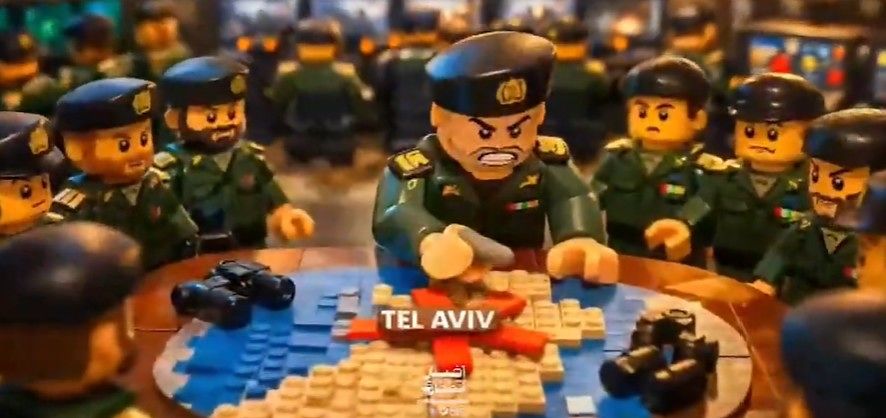지난 8일 이란 국영 매체가 X(옛 트위터)를 통해 공개한 레고 스타일 영상에서 이란 이슬람혁명수비대(IRGC)가 이스라엘 텔아비브 등을 공격하는 장면이 나온다. 타스님 통신 X 캡처