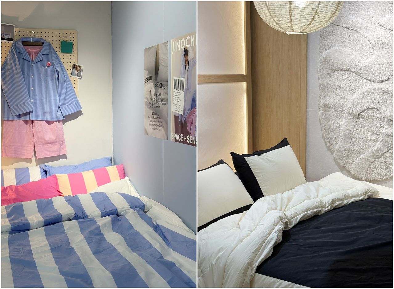 K 침구 브랜드의 특징은 다양한 취향을 수렴한다는 것. 팝컬러부터 빈티지, 미니멀까지 선택의 폭이 넓어졌다. 왼쪽은 지노키오, 오른쪽은 고유. 사진 이소진 기자 