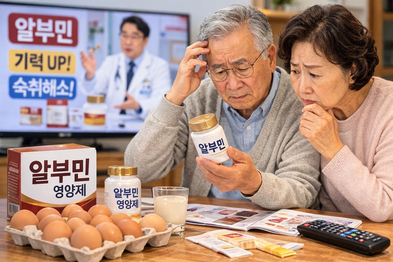 최근 홈쇼핑 등에서 판매하는 알부민 영양제가 중장년층 사이에서 인기를 끌고 있지만, 전문가들은 이런 알부민 영양제는 계란으로 만든 단백질 식품으로 섭취한다해서 체내 알부민 수치를 높이지 못한다고 말한다. ChatGPT 생성 이미지