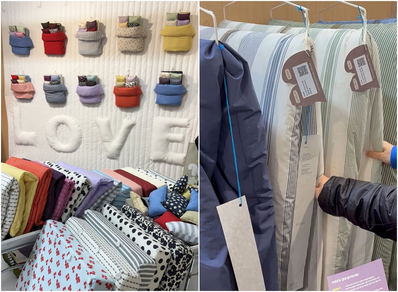 다양한 패브릭을 원하는대로 조합할 수 있는 침구 브랜드 '핀카'(왼) 관람객들이 이불의 촉감과 무게를 만져보고 있다. 사진 이소진 기자