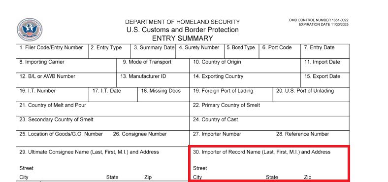 미국 관세국경보호국(CBP) 수입 신고서(Entry Summary) 양식. 빨간색으로 표시한 부분이 수입신고자(IOR)를 기재하는 칸이다. 사진 CBP