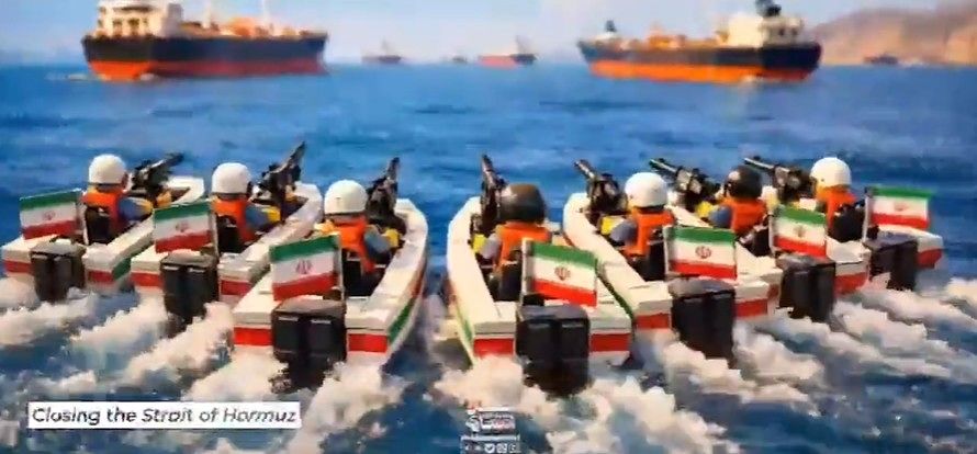 지난 8일 이란 국영 매체가 X(옛 트위터)를 통해 공개한 레고 스타일 영상에서 이란 이슬람혁명수비대(IRGC)가 호르무즈 해협을 봉쇄하는 장면이 나온다. 타스님 통신 X 캡처