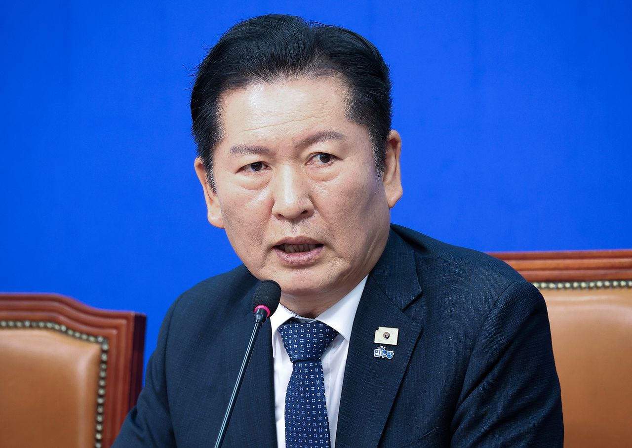 정청래 더불어민주당 대표가 16일 국회에서 열린 최고위원회의에서 발언하고 있다. 임현동 기자