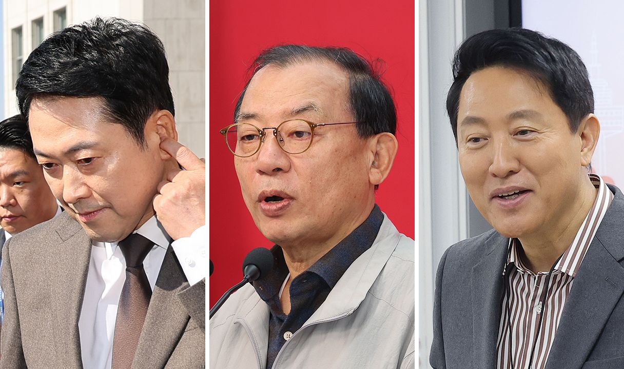 국민의힘이 의원 107명 전원 명의로 ‘절윤 선언’ 결의문을 채택한 이후에도 내홍이 지속되고 있다. 왼쪽부터 장동혁 국민의힘 대표, 이정현 공관위원장, 오세훈 서울시장. 뉴시스, 뉴스1