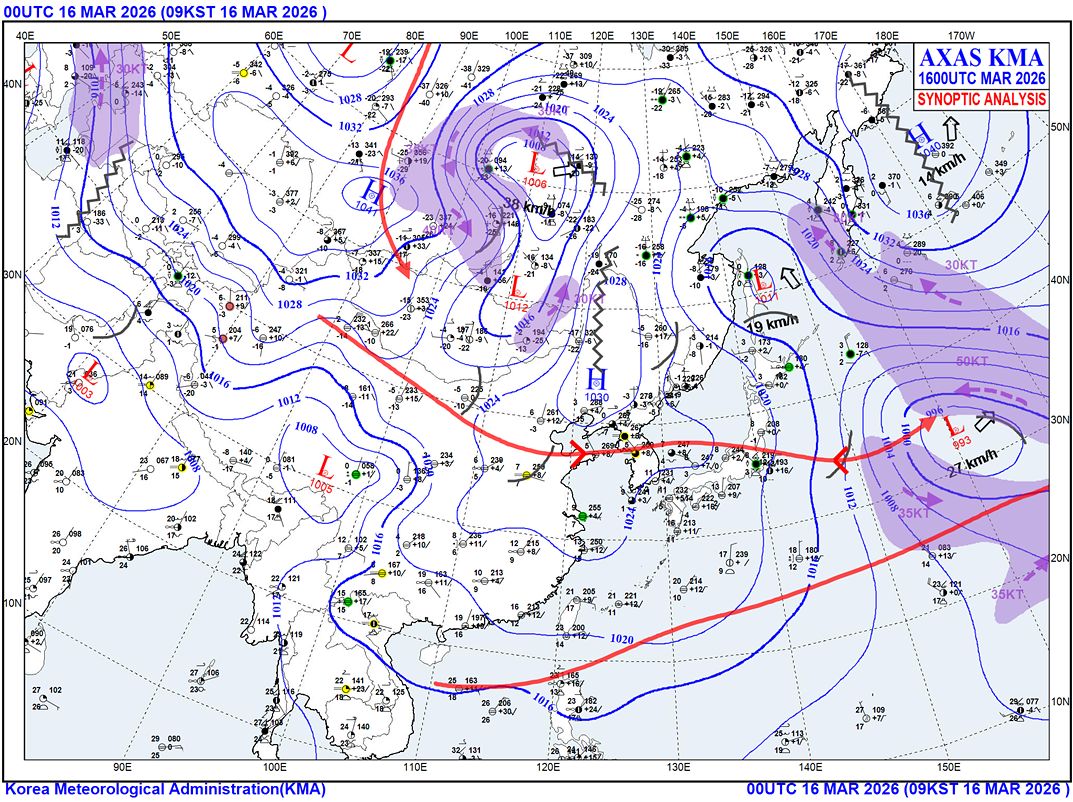 3월16일 기준 동아시아 일대 기압 배치도
