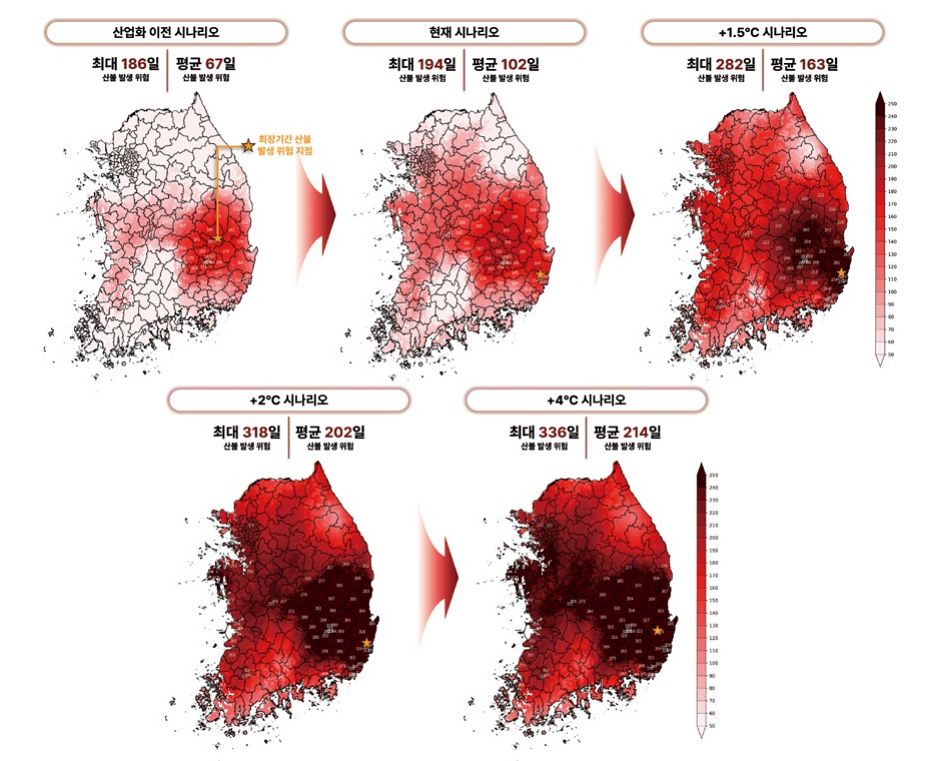 기후변화 시나리오별 산불 위험 기간 변화. 카이스트 메타어스랩·그린피스 제공