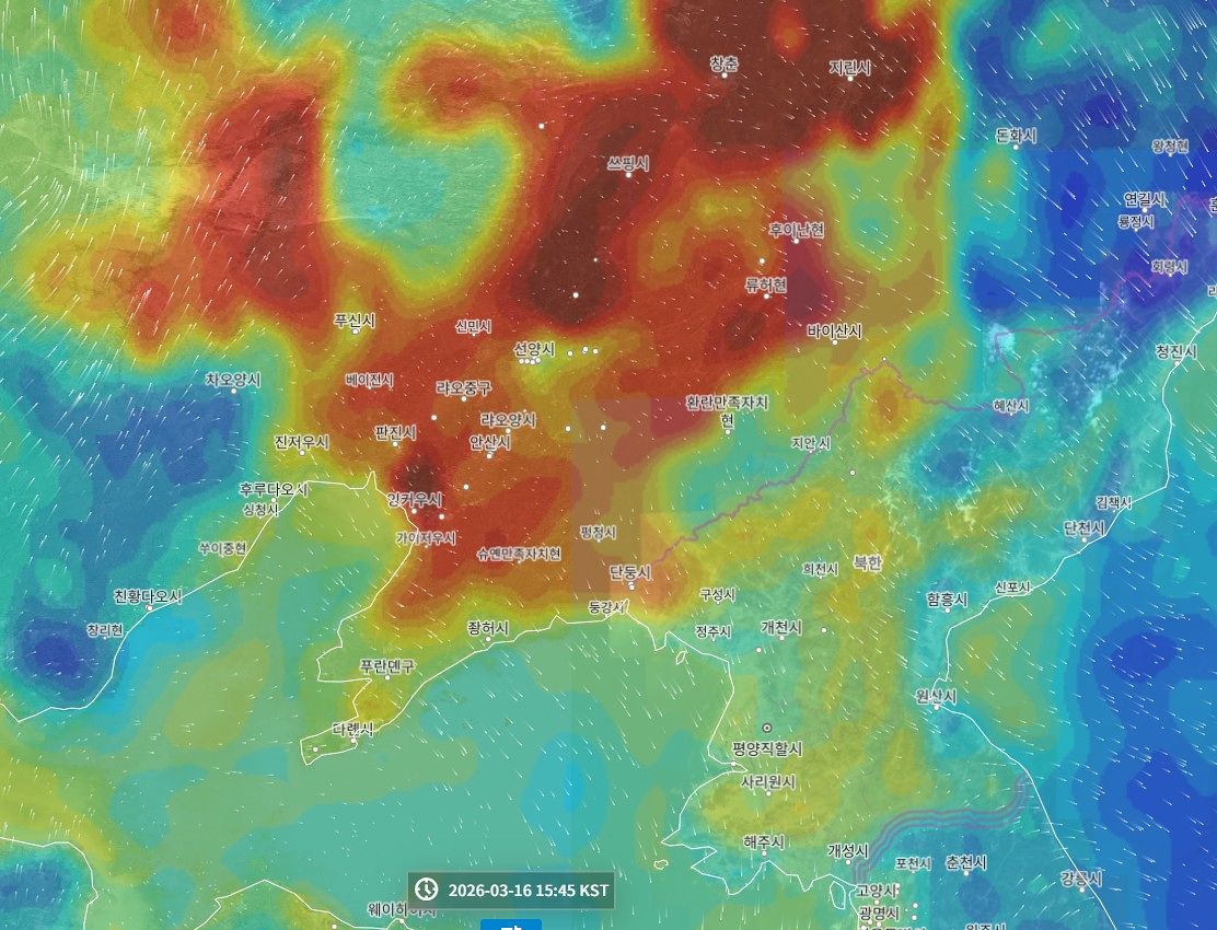 2026년 3월16일 오후 3시경 천리안위성2B호가 포착한 중국 동북부와 한반도 미세먼지, 바람 양상. [국립환경과학원]