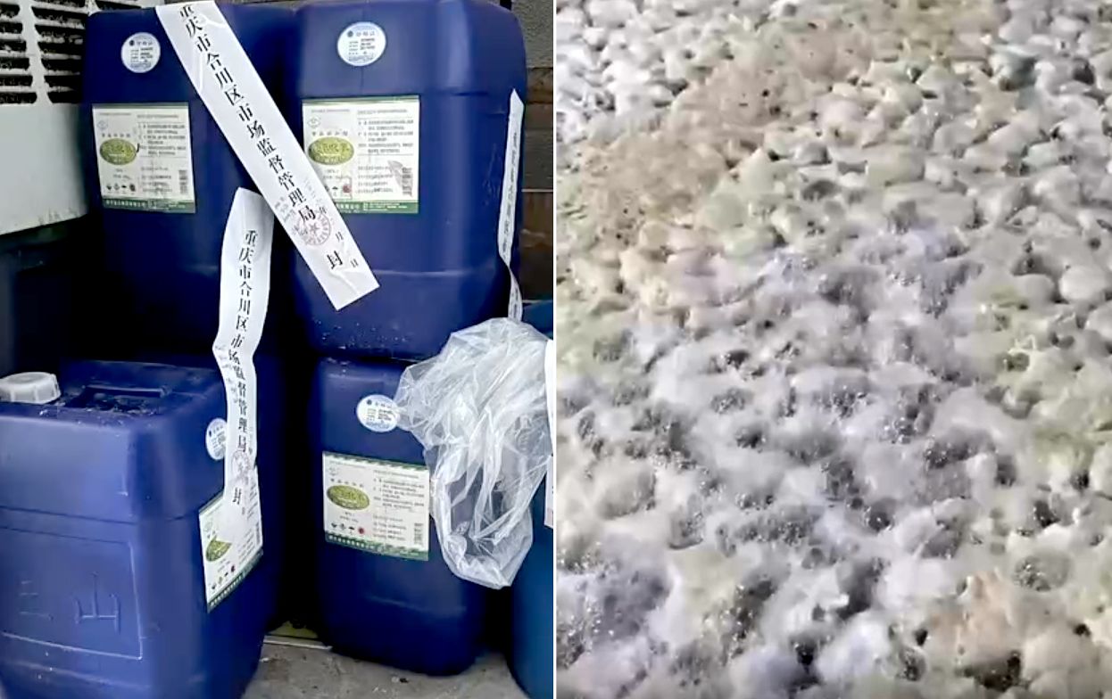 중국의 한 닭발 가공 공장에서 과산화수소(왼쪽)로 닭발이 표백되고 있다. 사진 CCTV 캡처