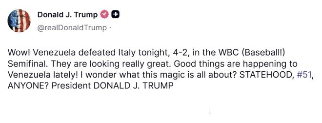베네수엘라가 결승에 진출한 뒤 X(옛 트위터)로 베네수엘라를 축하하면서 조롱한 도널드 트럼프 미국 대통령. 트럼프 SNS 캡처