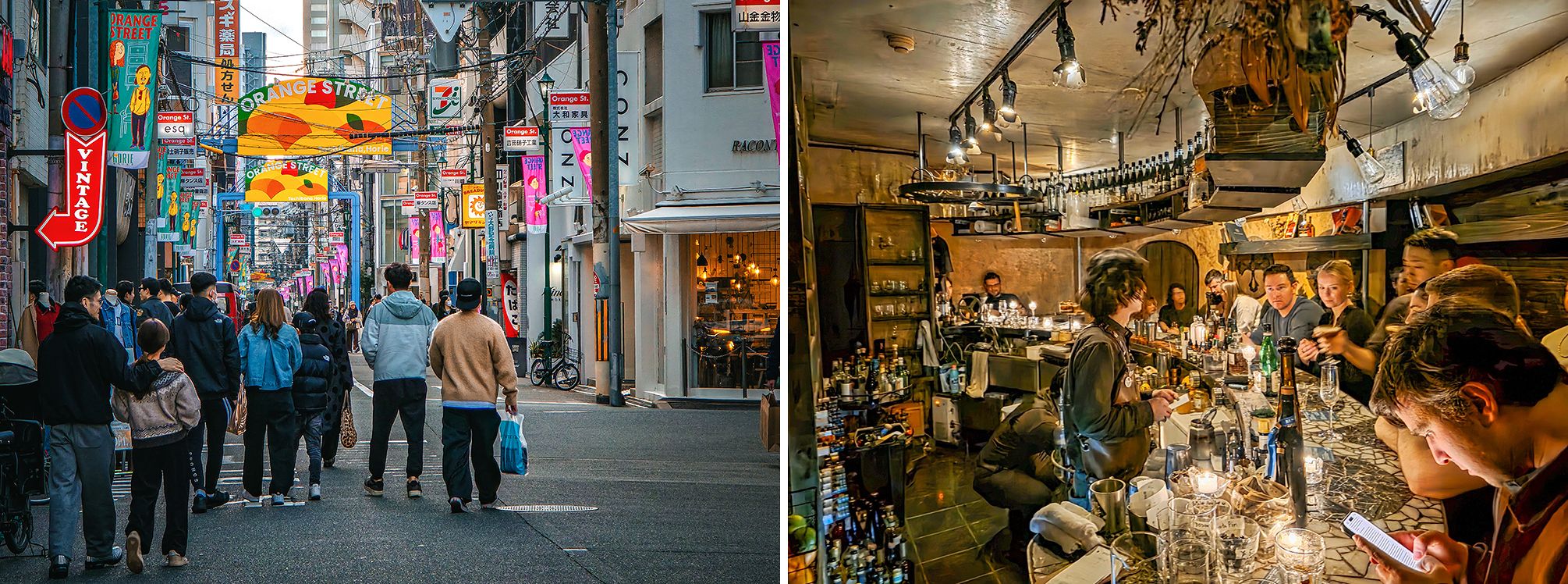 신사이바시의 오렌지 스트리트. 젊은 층에 패션 쇼핑 성지로 통한다. 오른쪽 사진은 독창적인 칵테일로 인기가 높은 '바 나유타'. 백종현 기자 