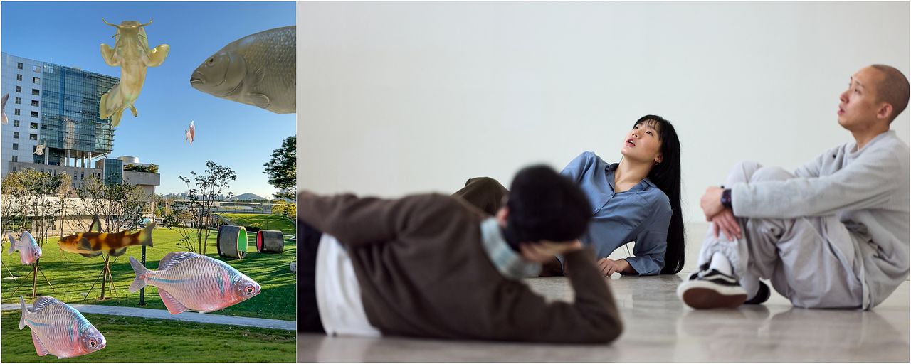 신지선 작가는 증강현실을 활용한 미디어아트를 선보였다. 작품명은 '서서울피디아 안양천', 2026년작. 오른쪽은 황수현 작가의 퍼포먼스 작업 '세계'의 장면. 사진 이지영 