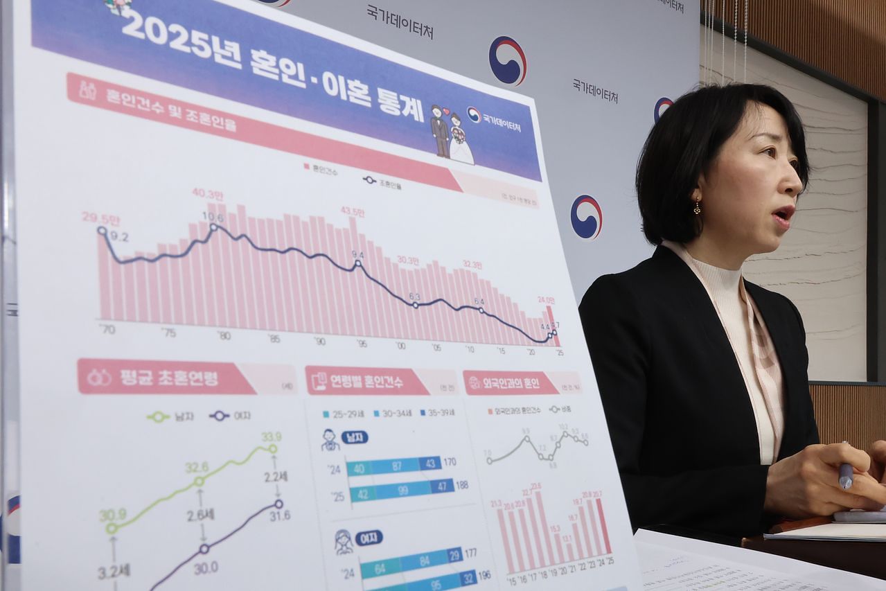 박현정 국가데이터처 인구동향과장이 19일 세종시 정부세종청사에서 2025년 혼인·이혼 통계 분석 결과를 설명하고 있다. 연합뉴스