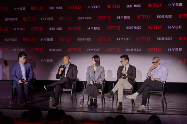 (L to R) Joe Cho, Brandon Riegg, Nicole Kim, Brandon Yu, Garrett English at BTS The Comeback Live | Arirang at Gwanghwamun Square on March 21st in Seoul, Korea. Cr. Ji Sang Chung/Netflix  2026