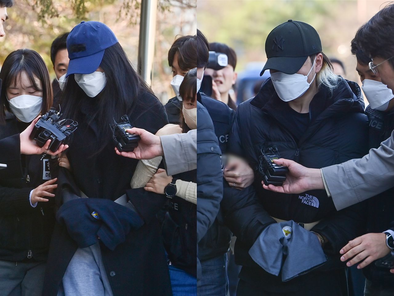 3살 딸을 학대해 숨지게 한 혐의를 받는 김모(32)씨(왼쪽)와 시신을 야산에 유기한 혐의를 받고 있는 임모(30)씨(오른쪽)가 19일 경기 안산시 단원구 수원지방법원 안산지원에서 열린 구속 전 피의자 심문(영장실질심사)에 출석하고 있다. 뉴스1