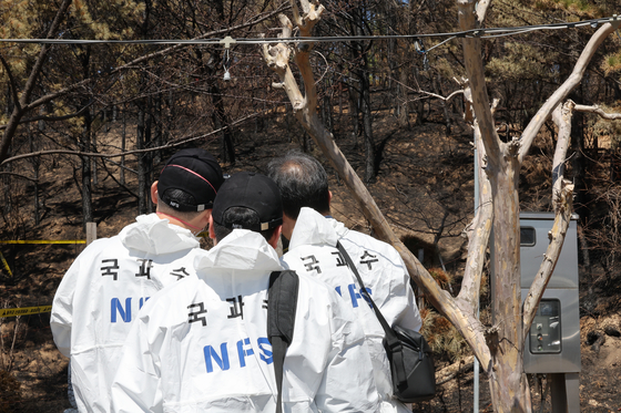 울산 울주군 언양읍 화장산 산불 현장에서 원인 규명을 위한 관계기관 합동 감식이 진행되고 있다. 연합뉴스