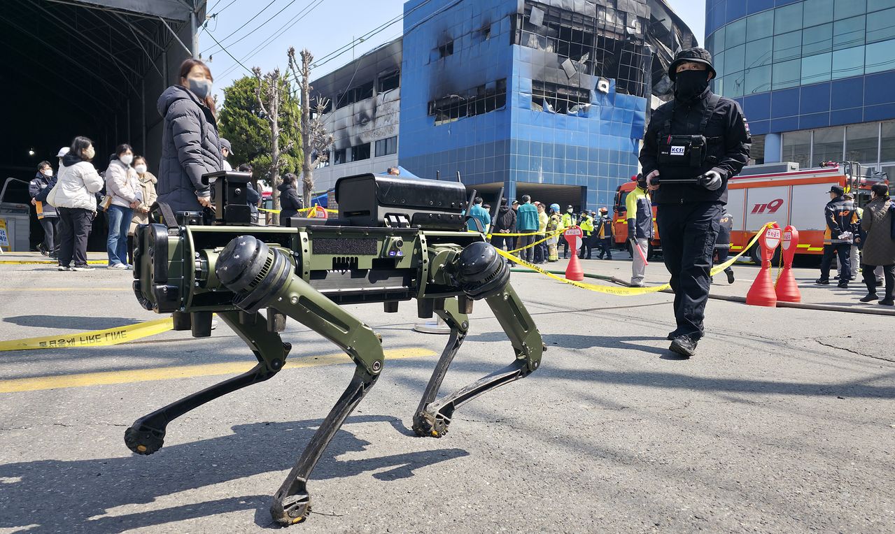 대전 대덕구 문평동 화재 참사 현장 수색작업에 로봇견이 투입되고 있다. 김성태 객원기자 