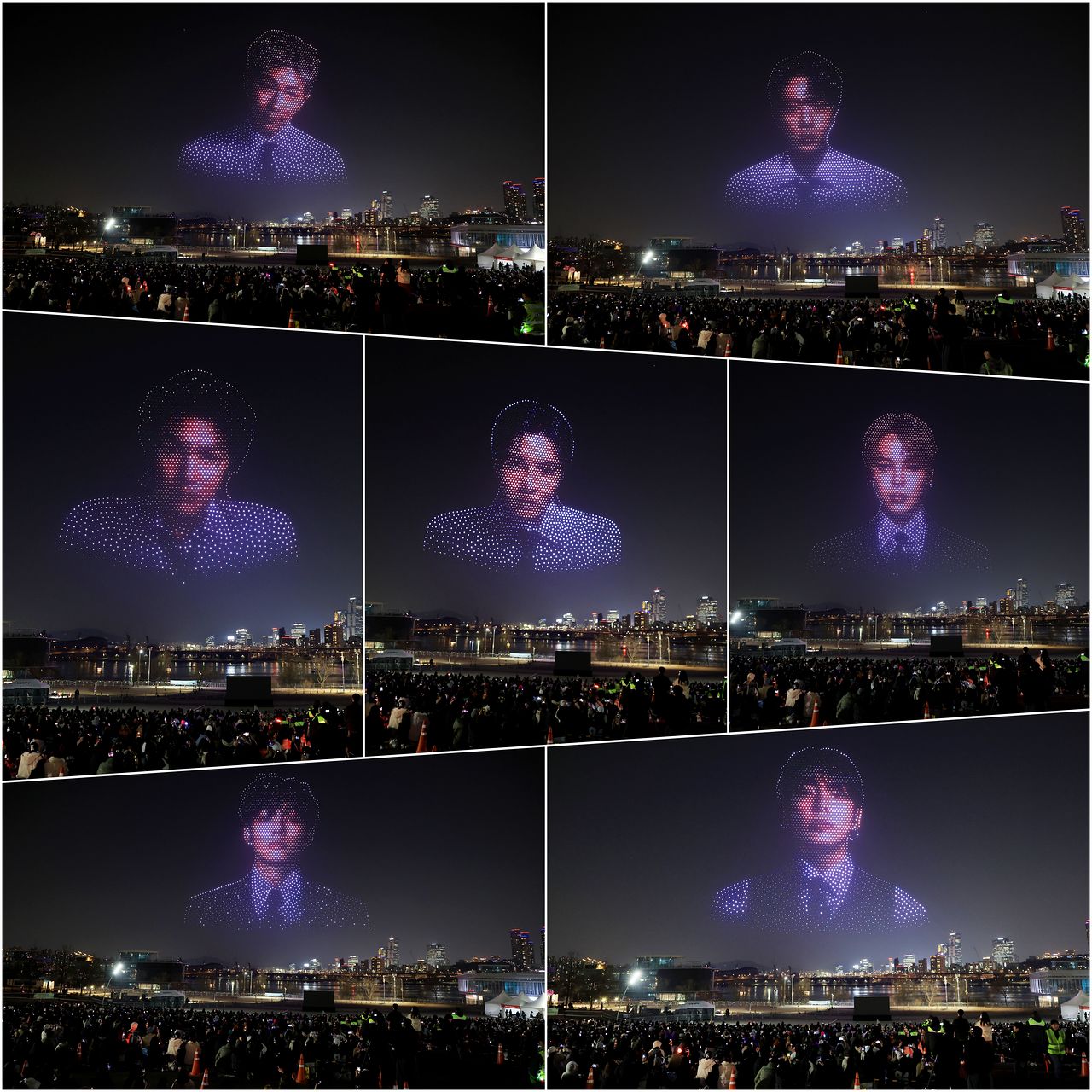 방탄소년단(BTS)의 완전체 컴백 공연을 하루 앞둔 20일 밤 서울 뚝섬한강공원에서 관련 드론쇼가 펼쳐지고 있다. 연합뉴스
