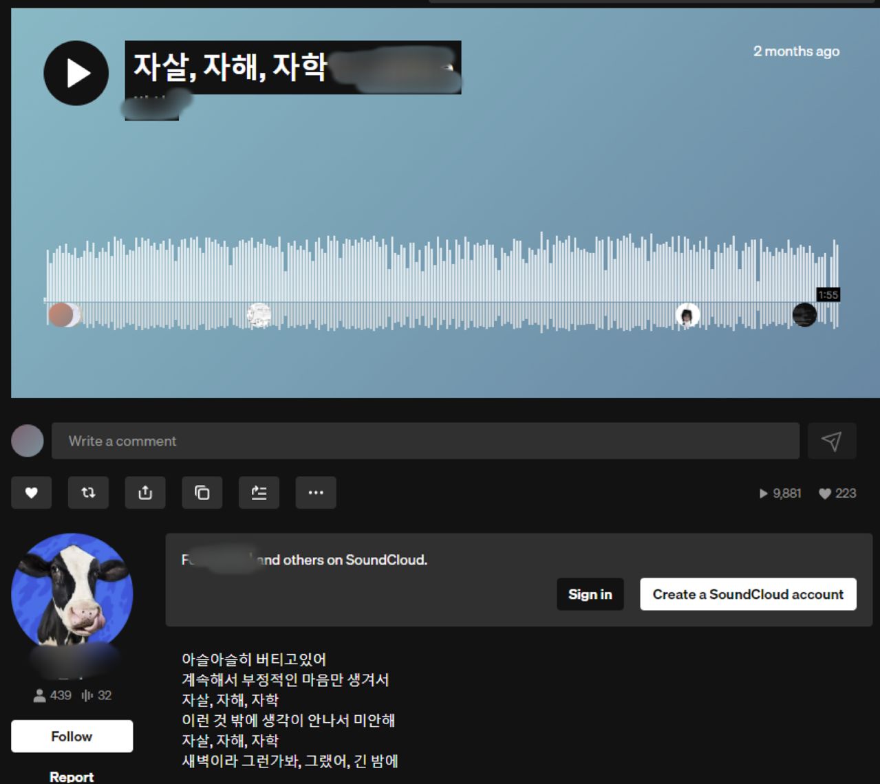 소셜미디어(SNS) 등을 통해 확산되는 노래들 중 일부는 자해 등 자극적인 단어를 반복해서 가사에 사용하고 있다. 이 때문에 모방 심리 자극 등의 우려도 제기된다. 사운드클라우드 캡처