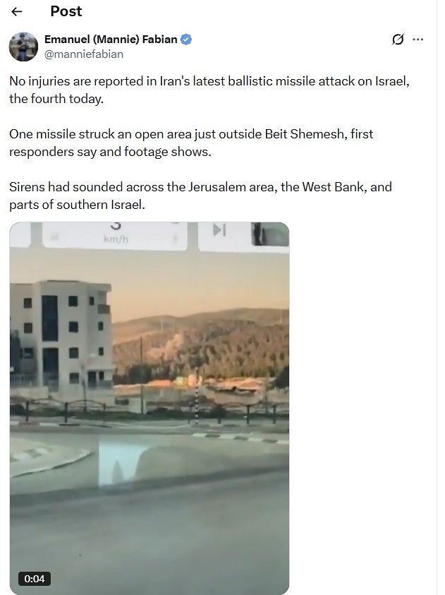 타임스오브이스라엘 군사 전문 기자 에마뉴엘 파비안이 지난 10일 X(옛 트위터)에 ″이스라엘에 떨어진 미사일이 이란 탄도미사일에 의한 것″이라고 보도한 뒤 예측 도박꾼들에게 살해 위협까지 받았다. 에마뉴엘 파비안 X 캡처