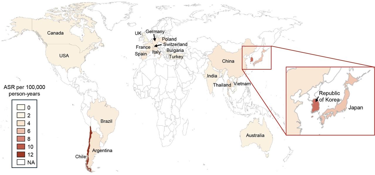 한국은 담도암 발병률이 칠레에 이어 두 번째로 높다. 국가별 담도암 전체 발생률(2008-2012)을 시각화한 세계지도. 이미지: Seonjeog Woo et al. J Liver Cancer 2025 