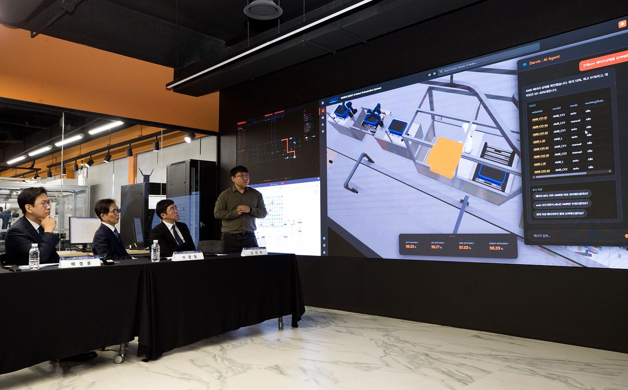배경훈 부총리 겸 과학기술정보통신부 장관(가장 왼쪽)이 23일 오후 대전광역시 유성구 KAIST를 방문해 '피지컬 AI 통합 플랫폼' 관련 설명을 듣고 있다. 사진 과학기술정보통신부 