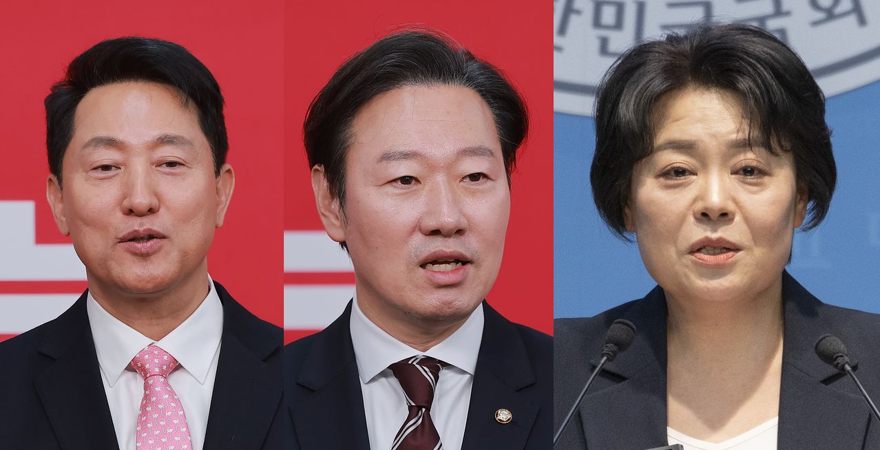 국민의힘 서울시장 후보 오세훈(왼쪽부터)·박수민·윤희숙. 뉴스1, 연합뉴스