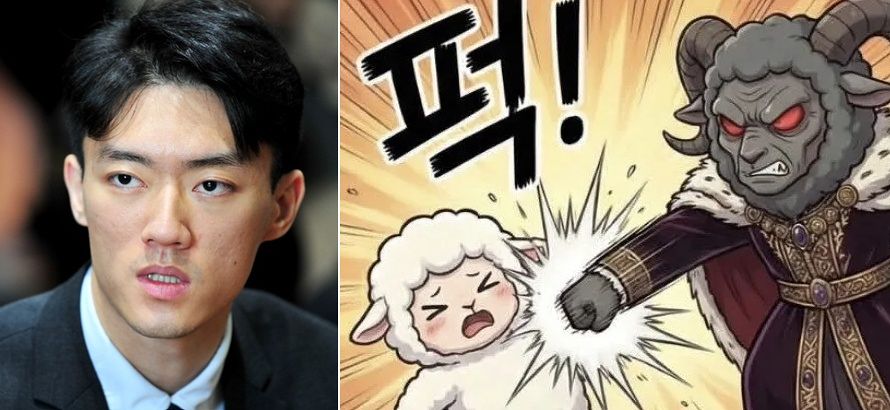 고(故) 전두환 전 대통령의 손자 전우원씨(왼쪽), 전우원씨가 그린 ‘몽글툰’에서 할아버지 캐릭터가 몽글이를 폭행하는 장면. 사진 뉴시스·인스타그램 캡처