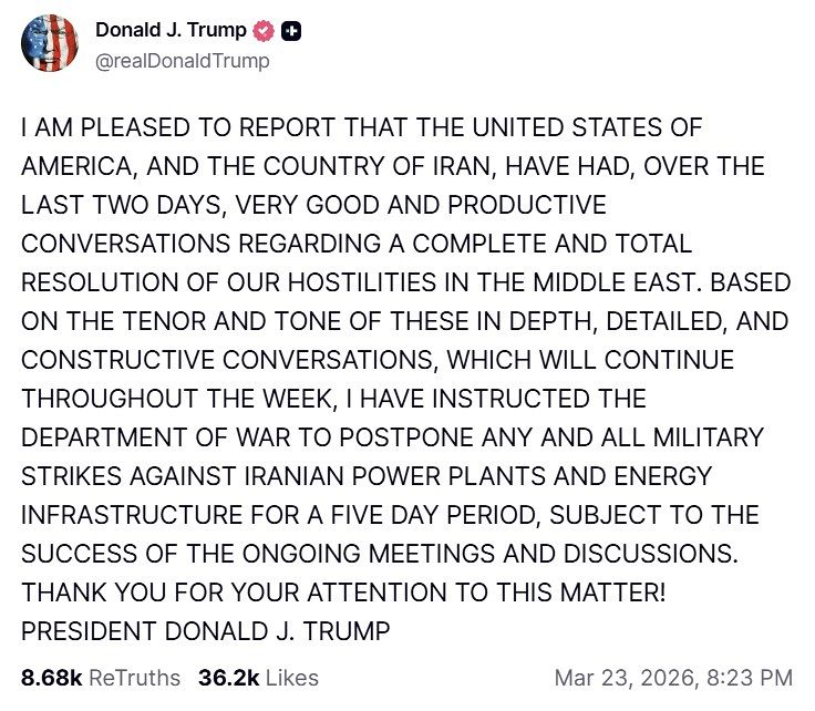 도널드 트럼프 미국 대통령이 23일(현지시간) SNS를 통해 ″이란의 발전소 및 에너지 기반 시설에 대한 모든 군사 공격을 5일간 연기하도록 지시했다″고 밝힌 글. 사진 트루스소셜 캡처