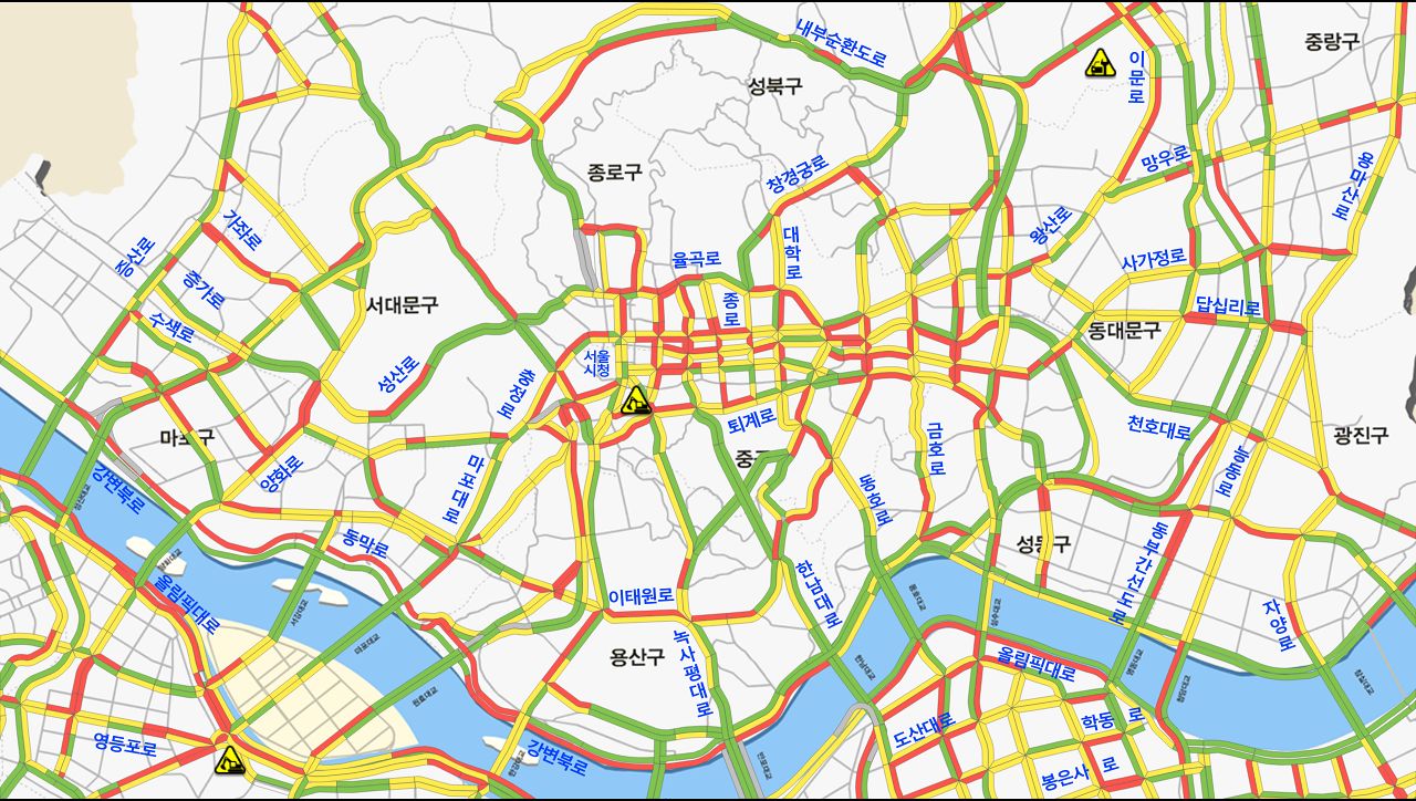 23일 오후 6시36분 기준 서울시 전체 차량 통행 평균 속도는 1,2월 같은 시간대 평균 속도보다 느린 시속 19.2km/h로 나타났다. 붉은색은 '정체', 노란색은 '서행'을 의미한다. [서울시 교통정보시스템]