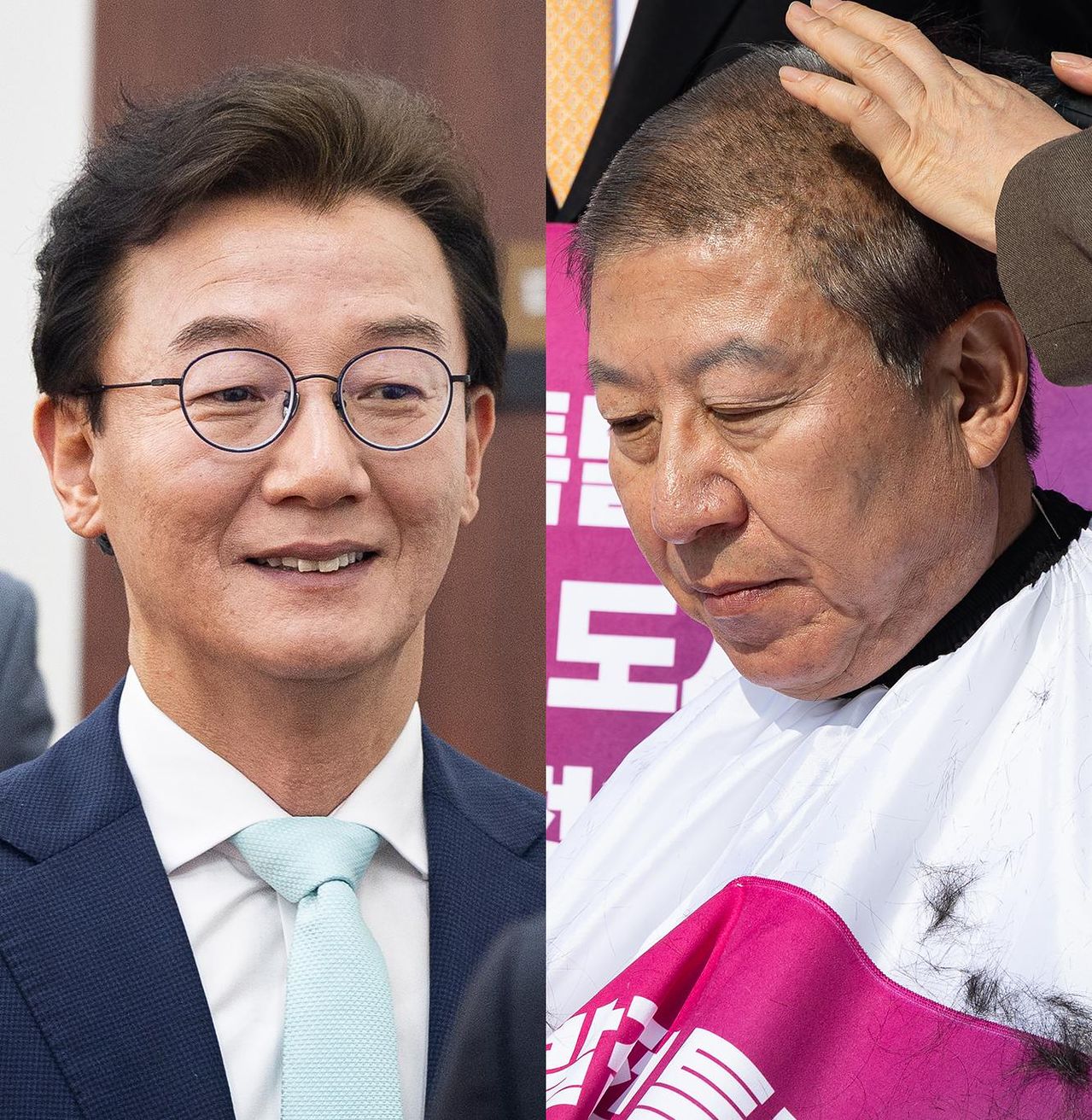 전재수 더불어민주당 의원이 24일 서울 여의도 국회에서 부산 글로벌허브도시 특별법 관련 한병도 원내대표와 면담을 위해 회의실로 들어서고 있다. 오른쪽은 박형준 부산시장이 23일 서울 여의도 국회 본관 앞에서 '부산 글로벌허브도시 조성에 관한 특별법안' 제정을 촉구하며 삭발하고 있다. 뉴스1