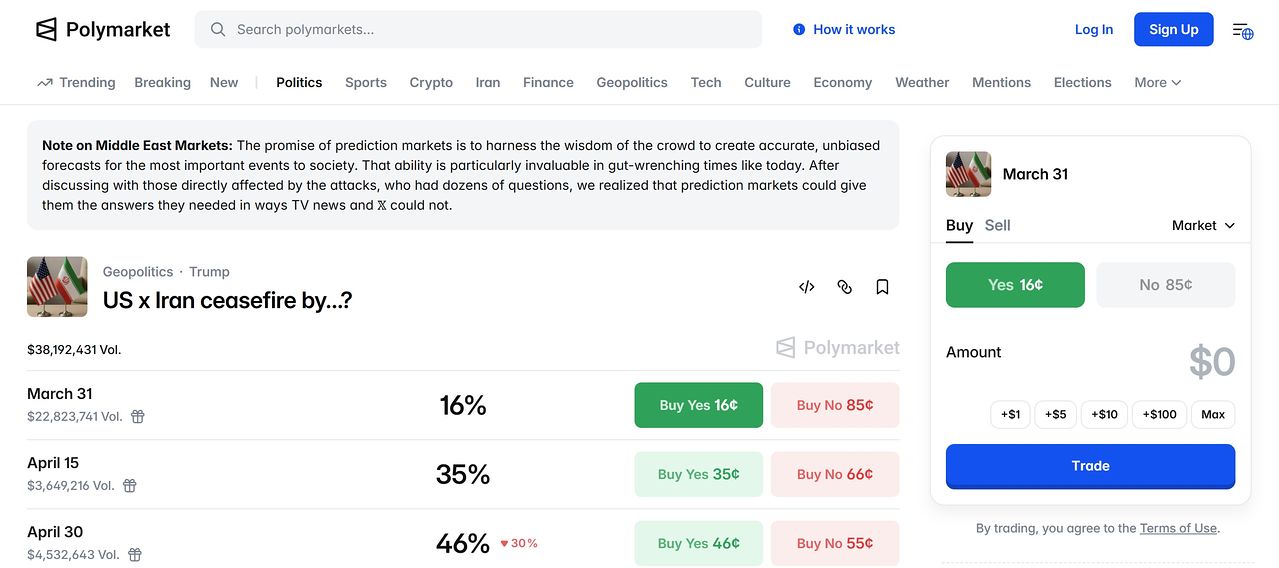 미래 예측 베팅 사이트인 폴리마켓에 올라온 ‘미국과 이란의 휴전 성사 여부’ 게시글. 사진 폴리마켓 캡처