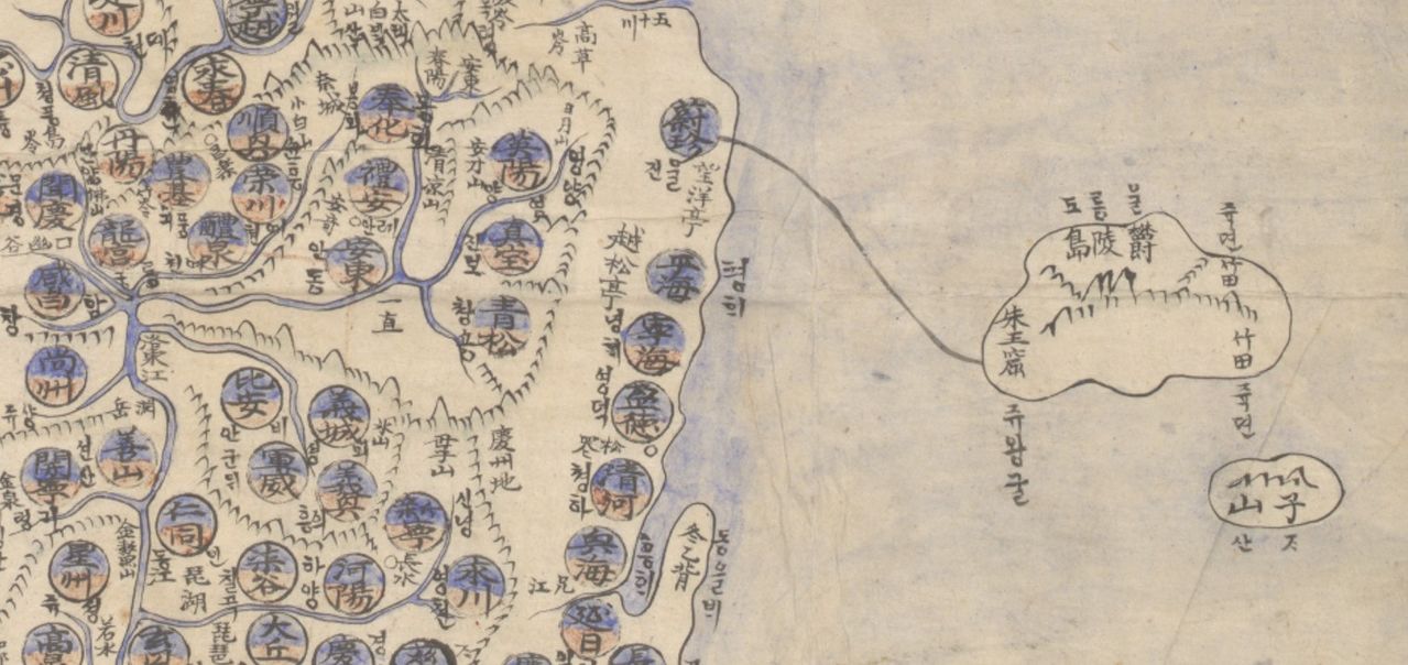 해동전도는 19세기 후반 서울에 머무르던 프랑스인 선교사 블랑 주교가 소장한 지도를 모사한 것으로 알려져 있다. 사진은 미국 스미스소니언 재단 소장 자료인 '해동전도' 부분. 울릉도와 독도가 당시 한글 지명으로 표기돼 있다. 동북아역사재단 제공, 연합뉴스
