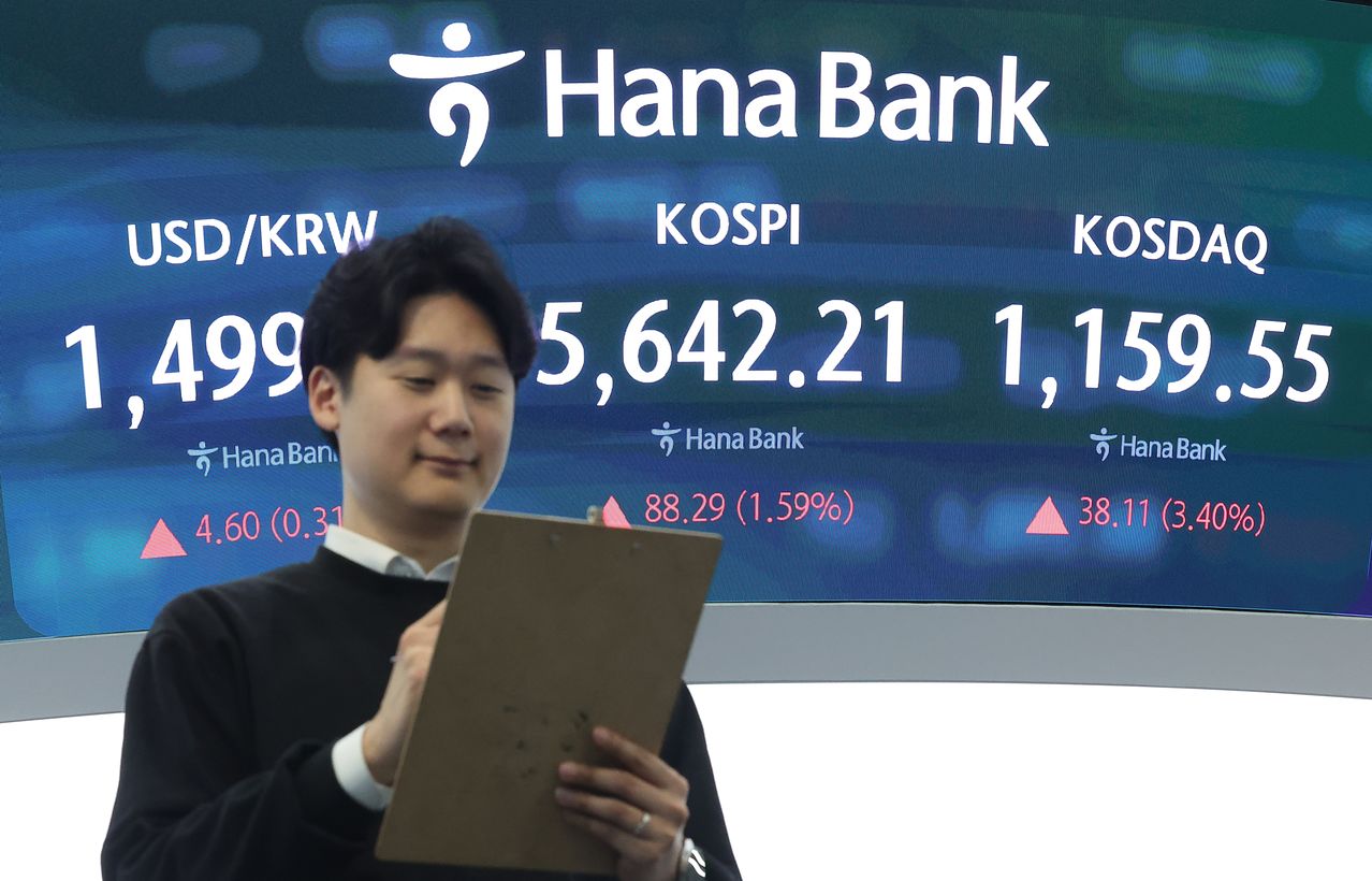 25일 서울 중구 하나은행 본점 딜링룸 전광판에 종가가 표시되고 있다.   이날 코스피는 전장보다 88.29포인트(1.59%) 오른 5,642.21, 코스닥 지수는 전장보다 38.11포인트(3.40%) 오른 1,159.55에 장을 마쳤다. 뉴스1