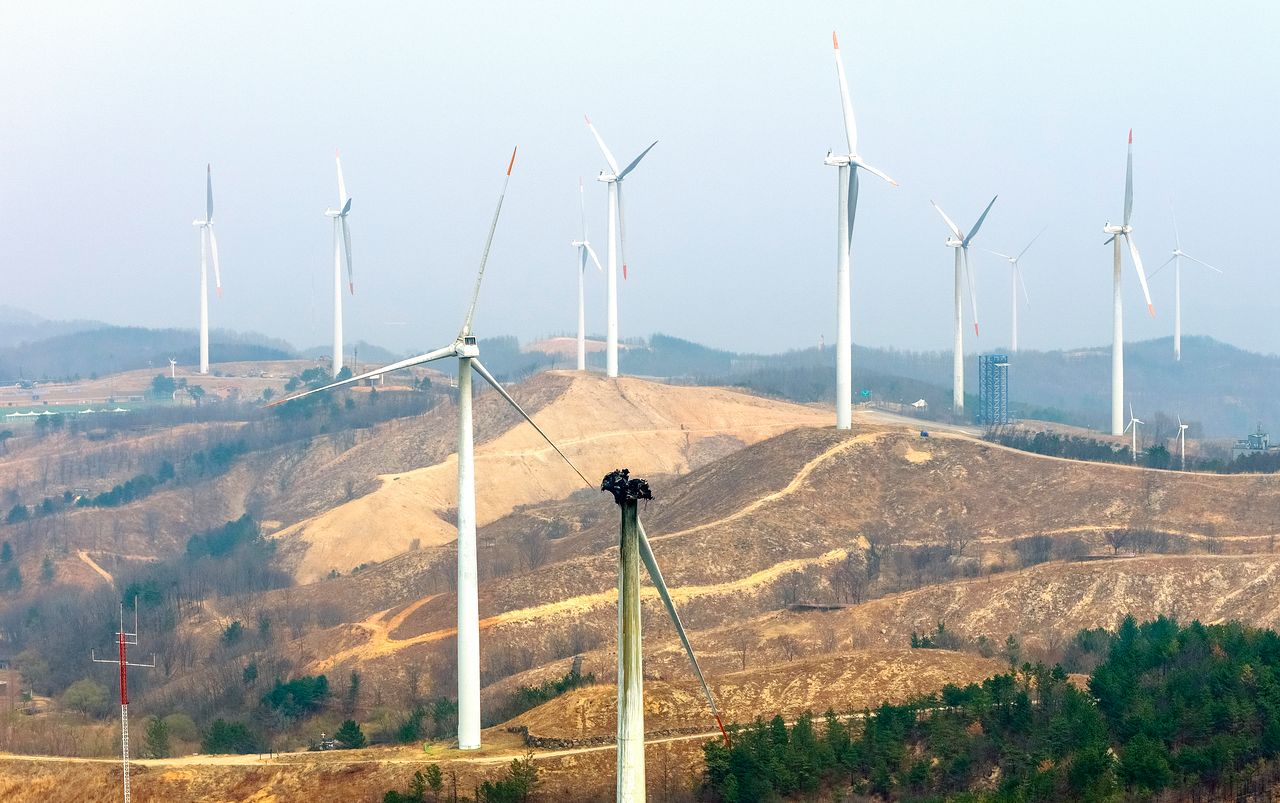 24일 경북 영덕군 풍력발전단지에 전날 화재로 까맣게 탄 풍력발전기가 서 있다. 이곳의 풍력발전기 24기는 준공된 지 20년이 넘었다. [뉴시스]