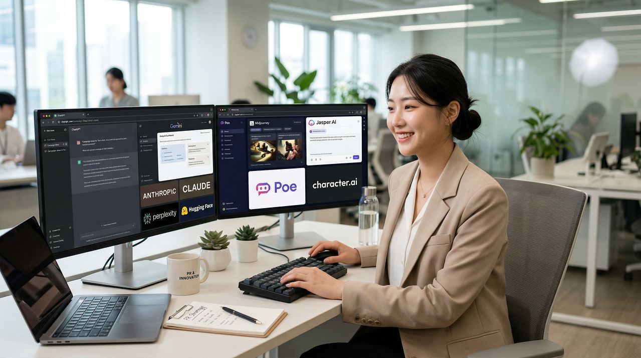 영남이공대학교 홍보팀 직원이 AI를 활용해 업무를 진행하고 있다(LLM 기반 생성형 AI로 제작)