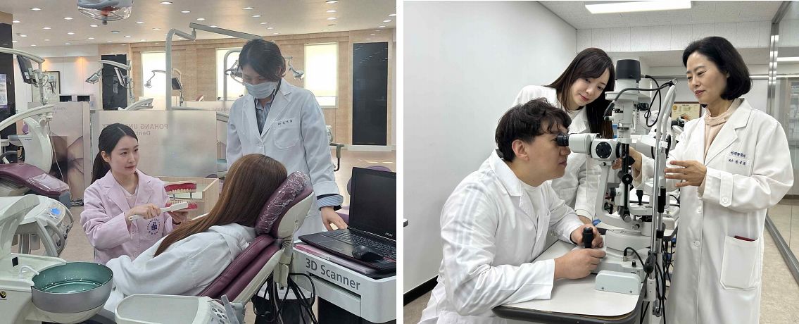 포항대 치위생과에서 이인하씨(제일 왼쪽)가 실습 교육을 받고 있다. 오른쪽 사진은 춘해보건대 안경과학과에서 김현우·김주연 부부(사진 왼쪽)가 렌즈 관련 장비를 다뤄보고 있는 모습. 사진 한국전문대학교육협의회