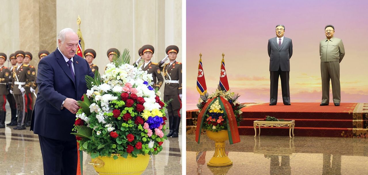 알렉산드로 루카셴코 벨라루스 대통령이 25일 평양 금수산태양궁전을 방문해 헌화하는 모습, 노동신문, 뉴스1