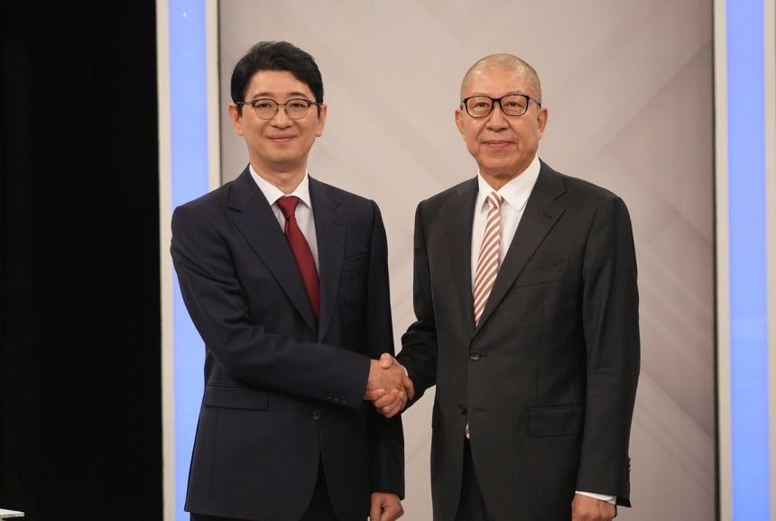 1차 경선 토론회 나선 국민의힘 주진우 의원(왼쪽)과 박형준 부산시장. 주진우 경선 캠프=연합뉴스