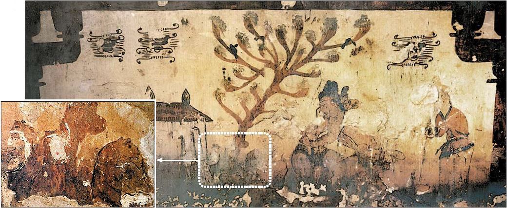 고구려 각저총의 씨름 그림 벽화. 나무 아래 곰과 호랑이가 그려져 있어 고구려 사람들이 단군신화의 내용을 알고 있었다고 유추할 수 있는 근거가 된다. [사진 한성백제박물관·조법종]