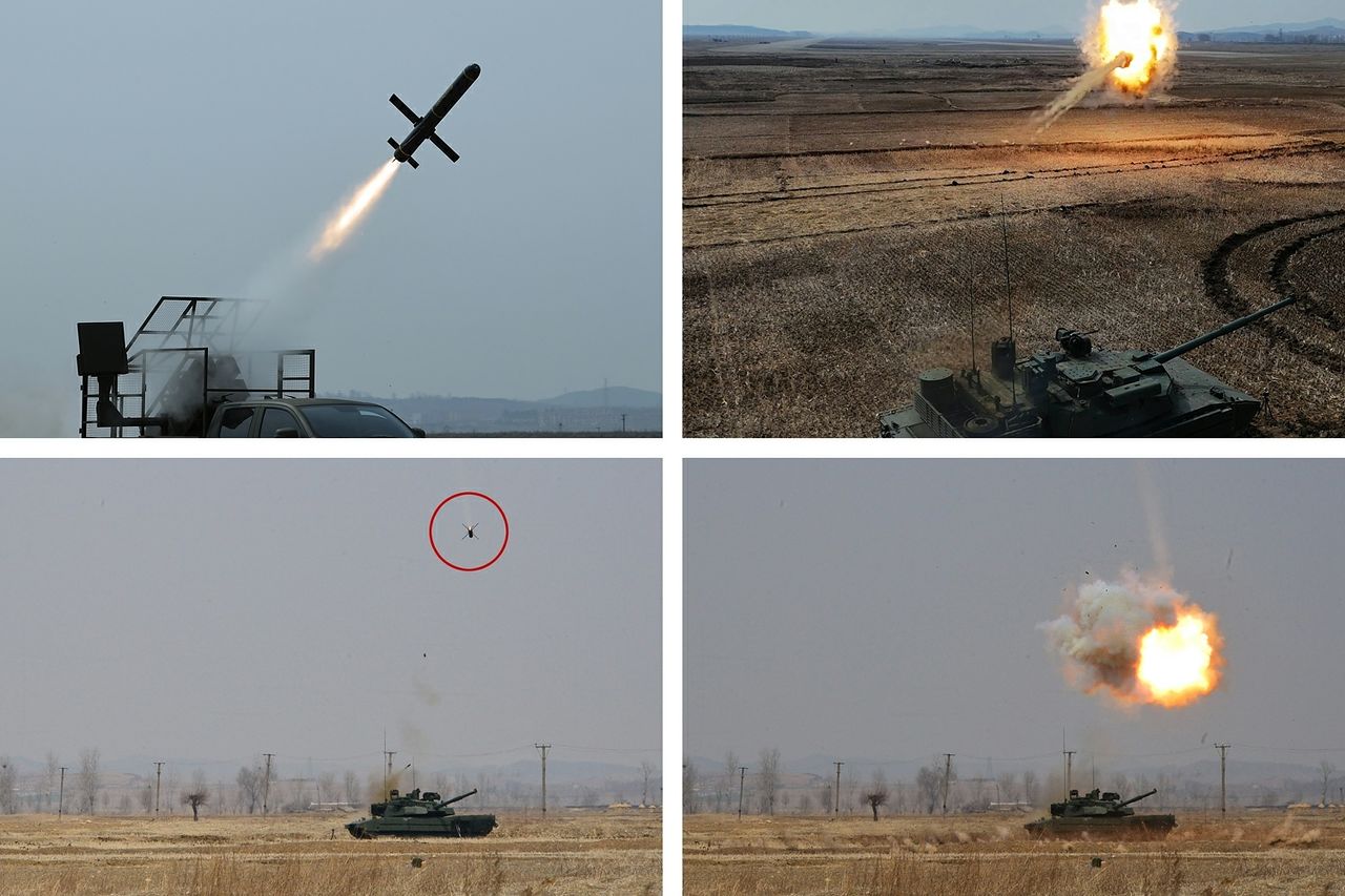 북한 국방과학원 장갑무기연구소가 진행한 탱크(전차) 능력 평가 시험의 모습. 사진에는 신형 전차가 휴대용 대전차미사일, 대전차로켓 등으로 보이는 발사체를 요격하는 듯한 모습이 담겼다. .노동신문, 뉴스1