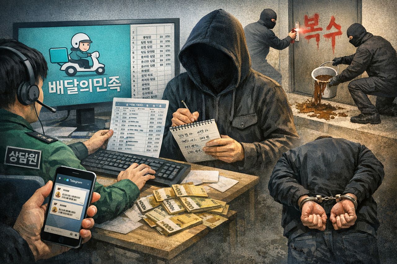 배달의민족 고객 정보를 빼돌려 남의 집 현관문에 오물을 뿌리는 등 ‘보복 대행 테러’를 벌인 일당의 총책이 28일 구속됐다. 일러스트 챗GPT