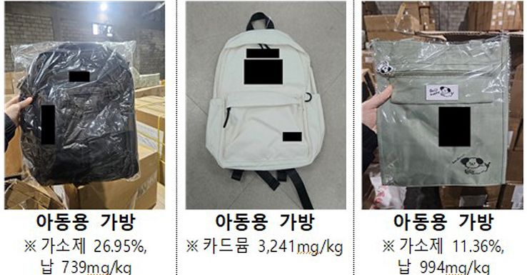 프랄레이트 가소제와 중금속이 검출된 아동용 가방 3종. 사진 국가기술표준원