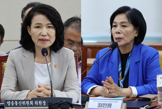 이진숙 방송통신위원장(왼쪽), 최민희 국회 과학기술정보방송통신위원장. 중앙포토, 뉴시스