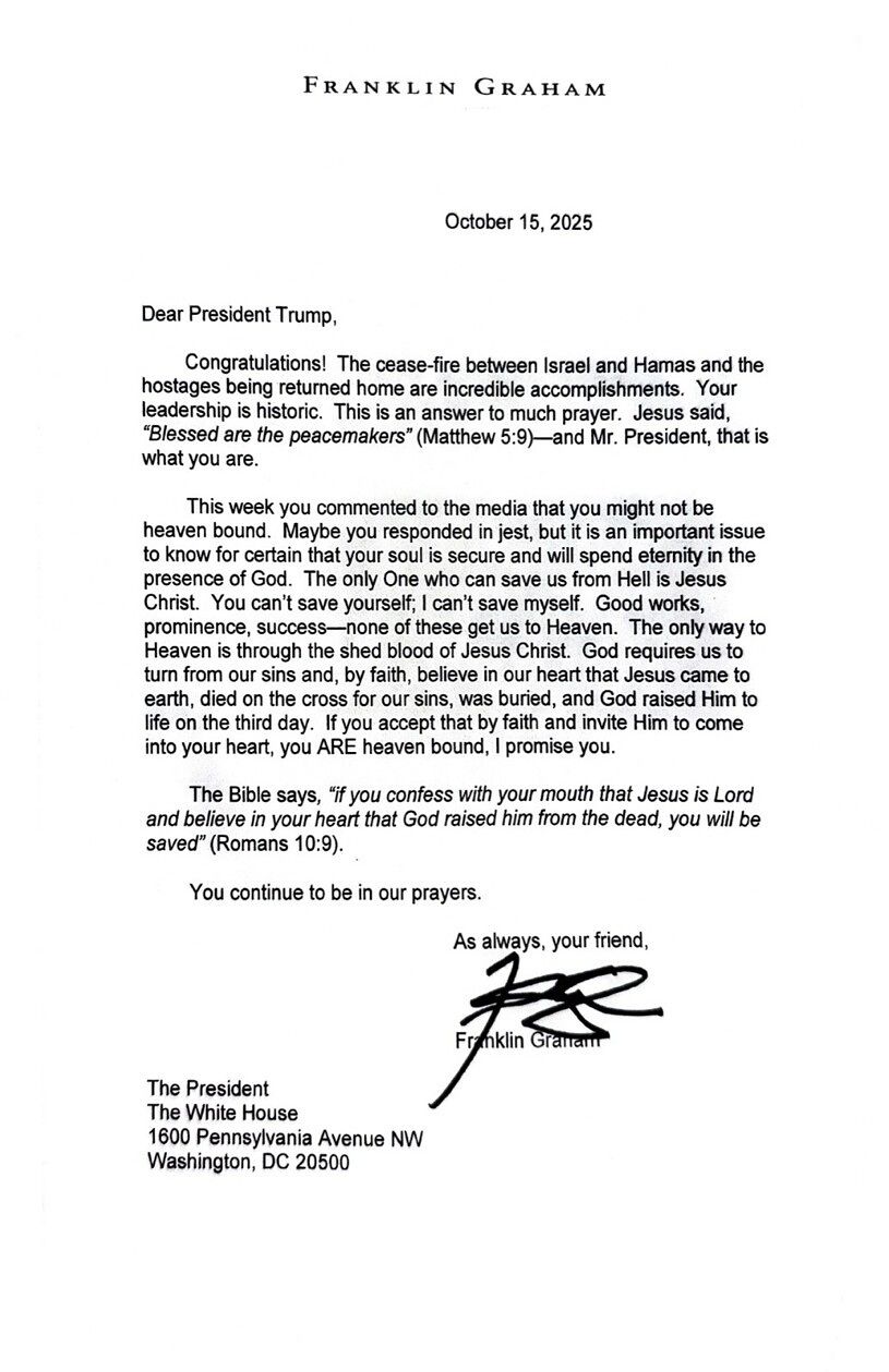 도널드 트럼프 미국 대통령이 SNS에 공개한 목사로부터 받은 편지. 연합뉴스