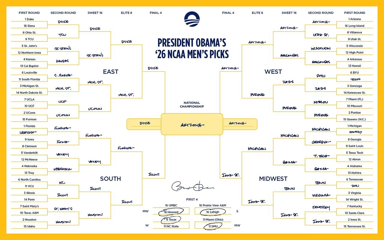 버락 오바마 전 미국 대통령이 2026년 NCAA 남자농구 64강 토너먼트 개막 전에 공개한 대진 예상표. 애리조나대의 우승을 전망했다. 사진 버락오바마재단