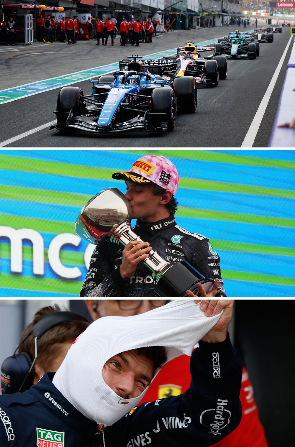 올 시즌 세 번째 F1 대회인 일본 그랑프리에서 머신들이 피트 레인 앞을 달리고 있다. 가운데 사진은 일본 그랑프리 우승 후 트로피에 키스하는 키미 안토넬리. 아래는 8위에 그친 막스 페르스타펜. 그는 엔진과 전기모터 반반으로 달리는 F1에 불만을 표시했다. [AP=연합뉴스]
