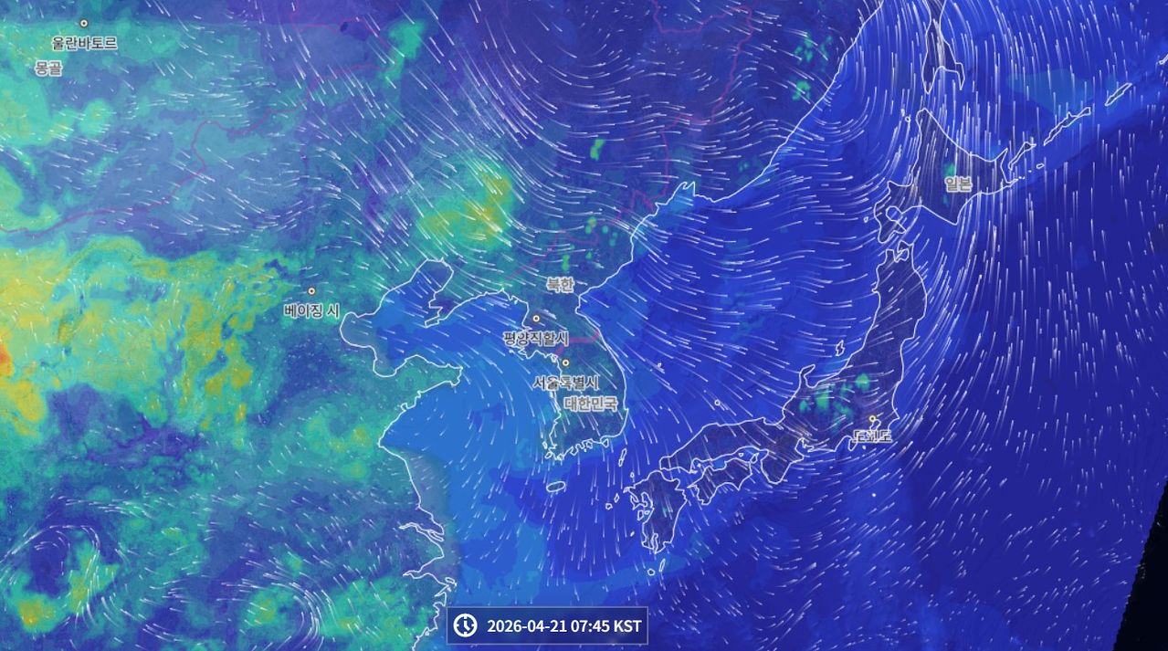 21일 오전 7시45분 기준 초미세먼지 상황. 중국보다 서북쪽에 위치한 내몽골고원 부근에서 북서풍이 불어오면서 초미세먼지 농도는 오히려 낮아졌다. 국립환경과학원.