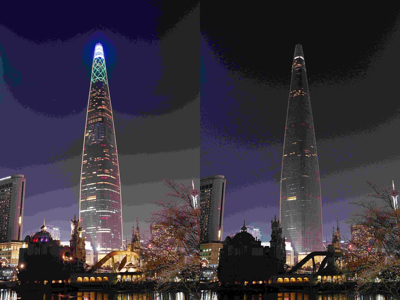 소등 이벤트는 지난달 29일 WWF(세계자연기금) 차원에서도 지구촌 전등 끄기 캠페인 '어스아워(Earth Hour)'라는 이름으로 열렸다. 28일엔 조명이 켜져있던 서울 롯데월드타워(왼쪽)가 29일(오른쪽)엔 소등돼 있다. 뉴시스.